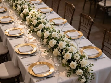 Overhead 45-degree angle of a full wedding banquet table in an elegant ballroom, white florals cascading along the center, gold-rimmed charger plates, crystal glassware in neat rows, soft warm strobe light raking across linens from the left