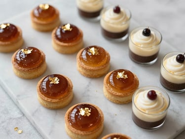Overhead tight crop of a dessert tableau — petite glazed tarts and layered mousse cups on a marble surface, dusted with gold leaf, soft warm light from above
