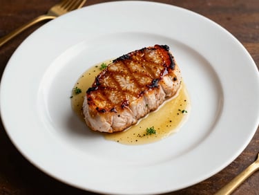 45-degree overhead shot of a plated gourmet entrée — seared protein with a delicate sauce pool, fine herbs, on a wide-rim white plate, gold flatware visible at frame edge, warm studio lighting