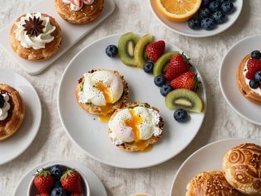 Wide overhead shot of a full brunch spread — poached eggs on a white platter, delicate pastries, fresh fruit arranged in a precise arc, soft morning studio light on pale linen