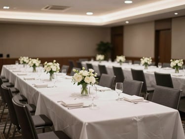 Wide environmental shot of a corporate luncheon setup in a modern conference venue, long white-clothed tables with minimalist centerpieces of single-stem white flowers, polished glassware and folded napkins, warm diffused overhead lighting, empty room before service begins