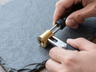 Close-up macro shot of professional hands using specialized tension tools on a brass cylinder lock, cool slate tones, shallow depth of field, 35mm.