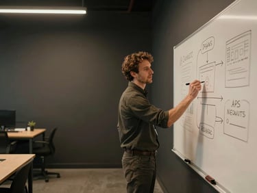 Wide workspace documentary shot, founder standing at a whiteboard with marker in hand, a sparse dark-walled office visible behind, financial and web flowcharts sketched on the board, warm overhead studio light, warm-desaturated tones, candid mid-action framing