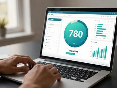 Close-up of a financial dashboard on a laptop screen, cyan-tinted CIBIL score dial prominently displayed at 780, bar charts of loan eligibility data visible alongside, warm office daylight from the left, hands resting at keyboard edge, dark navy desk surface, desaturated warm tones, documentary product-shot framing