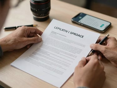 Close-up documentary frame, founder's hands holding a printed compliance document on a desk beside a pen and a mobile phone showing a fintech dashboard, warm studio daylight from above, warm-desaturated palette, shallow depth of field on the document
