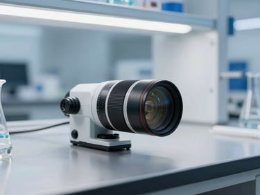 High-end laboratory workstation with clean stainless steel surfaces, sterile environment, cool white lighting, sharp focus, 35mm lens.