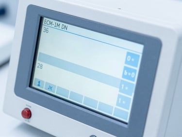 Close-up of a digital calibration readout on a scientific instrument screen, sharp focus, technical data display, cool blue tones, high-key lighting.
