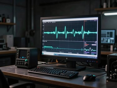 A diagnostic telemetry screen displaying live gear-shifting wave patterns inside a clean, dark workshop.