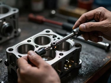 Close-up of a mechanic using a digital torque wrench to calibrate a cylinder head, dramatic directional light, sharp focus.