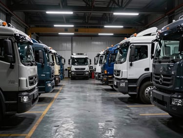 An immaculate, well-organized service bay with heavy-duty trucks parked over clean floors, strong directional key lights.