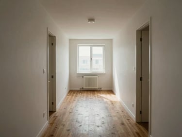 Wide shot of a compact apartment living area arranged for clear circulation paths, natural light from a single window, minimal furniture showing spatial logic, no people
