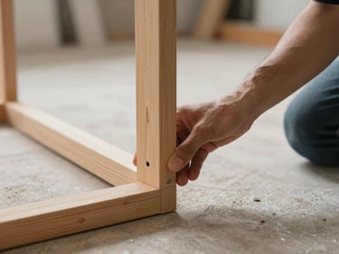 Medium shot of a hand placing a furniture leg fitting onto a wooden frame during installation, workshop natural light, showing craft detail and final assembly stage, no faces