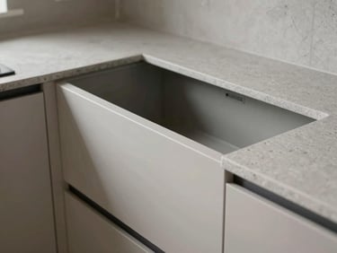Close-up of a modular kitchen layout under diffused natural light, showing clean cabinetry lines and matte stone countertop texture, no people
