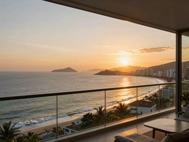Close-up of a luxury penthouse terrace in Balneário Camboriú, looking out to the ocean at sunset, warm golden light.