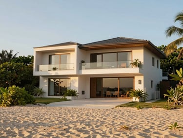 Exterior of a modern beachfront villa nestled in green foliage, direct sand access, warm golden hour glow.