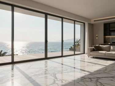 Interior of a modern living room with Calacatta marble floors, floor-to-ceiling glass walls showing the sea, diffused morning light.