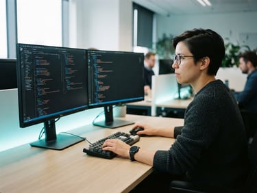 Crisp editorial close-up of a developer analyzing clean infrastructure code on dual monitors under cool daylight with subtle cyan ambient glow, 35mm lens