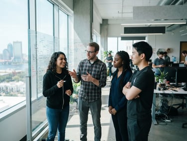 Crisp editorial photography of a modern Jacksonville tech workspace, developers collaborating over system diagrams on a whiteboard, sunlit office, 35mm lens