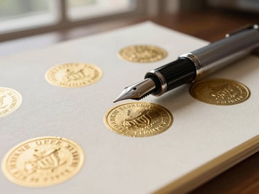 Tight macro detail of heavy cream-colored cotton paper documents with gold-embossed seals, a classic fountain pen resting on top, soft side-lighting from an office window.