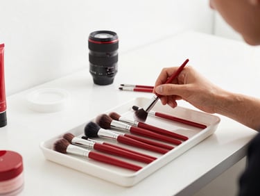 A stylist carefully preparing high-end makeup brushes on a sanitized white tray, bright studio lighting, clean and organized workstation, crimson details
