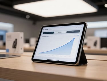 Wide shot of a tablet propped on a retail studio desk showing an Instagram analytics screen with engagement rate trending upward, product packaging visible softly out of focus in the background, clean studio lighting from above