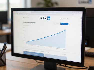 Close-up of a desktop monitor screen displaying a LinkedIn company page with a graph showing follower growth from 1,200 to 4,800 over six months, office desk environment, natural side lighting, crisp screen glow