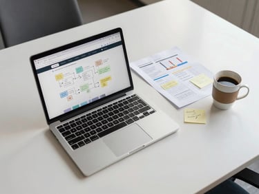 Overhead process shot of a wide desk with an open laptop showing a website wireframe, printed user-flow sketches, sticky notes with annotations, and an analytics printout beside a coffee cup, natural office light from above, clean neutral background