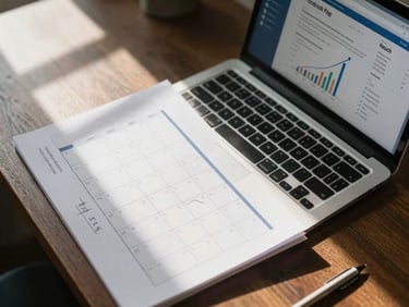 Overhead process shot of a desk with a printed content calendar, handwritten weekly notes, and a laptop open to a Facebook Page insights dashboard showing reach and impressions climbing month over month, natural window light casting soft shadows