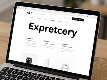 Close-up of a laptop screen showing a clean e-commerce product page with bold typography and a structured grid layout, photographed on a light oak desk under diffused overhead office light, keyboard partially visible at bottom