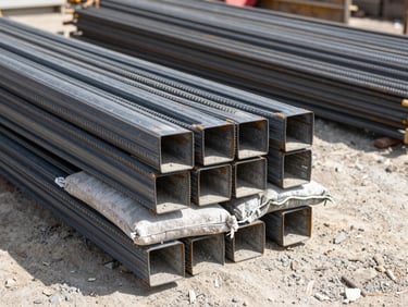 Close-up of stacked structural steel rebars and cement bags on a dusty construction site under bright daylight.