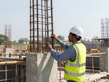 Documentary construction photography of an engineer in a safety vest inspecting concrete reinforcement on an active Indian building site.