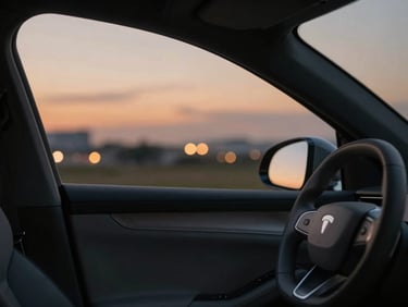 Interior view looking out of a luxury electric car window at twilight, soft city lights blurred in the background, peaceful and quiet atmosphere.