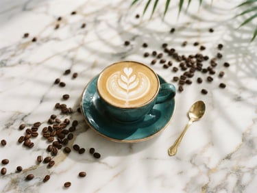Overhead shot of a luxurious teal ceramic coffee cup with intricate latte art on a marble countertop, soft morning sunlight casting palm leaf shadows, surrounded by scattered coffee beans and a gold spoon. Wide panoramic frame.