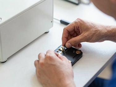 Close-up of a technician's hands carefully working on appliance components on a clean work mat, bright utility light, sharp focus.