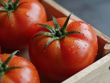 Macro close-up of heirloom tomatoes in a wooden crate, soft natural side-light highlighting the vibrant reds and textures, a camera lens reflection visible on a wet leaf