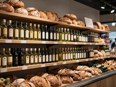 A modern boutique food market interior, shelves stocked with artisanal olive oils and fresh bread, soft directional lighting highlighting textures.