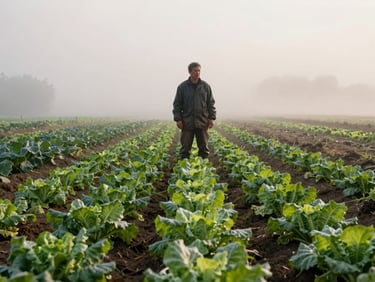 Overcast morning light over a local organic farm field, a farmer in a dark waxed jacket standing off-center, rows of leafy greens, misty background