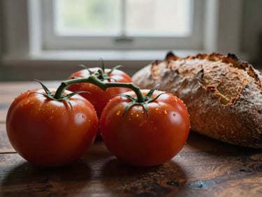 Macro close-up under soft directional window light of fresh heirloom tomatoes and crusty rustic bread loaves on a dark wooden prep table