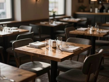 A dimly lit, cozy Scandinavian-style restaurant dining room in the morning, empty tables with linen napkins, soft natural daylight spilling across wood surfaces.