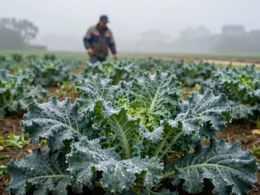 An overcast morning on an organic farm, dew on fresh kale leaves, a farmer in the background wearing a utility jacket, soft natural light.