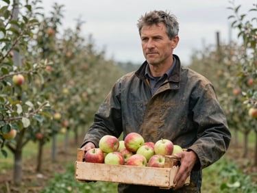 A farmer in a waxed canvas jacket standing in an overcast orchard, holding a crate of freshly harvested apples, soft directional daylight
