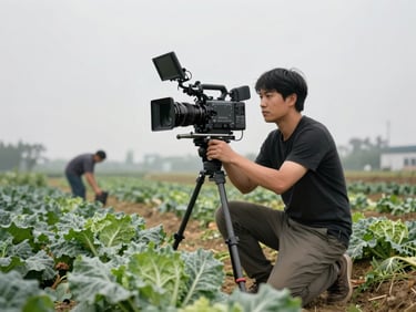 Wide environmental shot of a photographer holding a professional cinema camera, kneeling in an overcast organic vegetable field, a farmer working in the distant background.