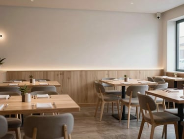Wide environmental shot under soft daylight of a quiet Scandinavian-style restaurant dining room, empty light-wood tables, minimalist setting with generous negative space