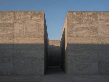 Symmetrical architectural concrete structures with clean lines, high-contrast shadows under a cool twilight sky.