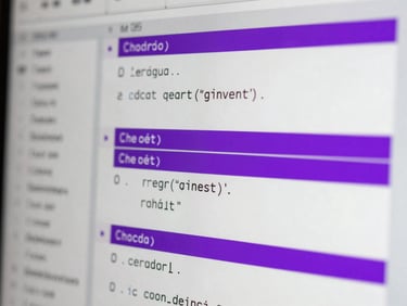 Macro shot of a high-resolution digital display showing clean code and structured wireframes, vibrant violet highlights.