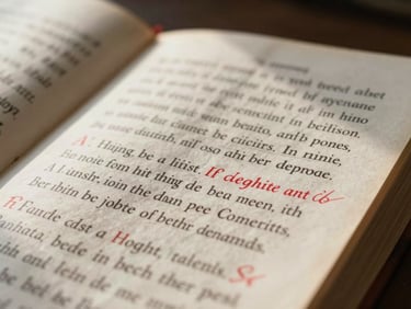 Extreme macro shot of a heavily annotated physical manuscript page, elegant red-pen corrections in margins, soft indirect daylight from a side window casting gentle shadows, high-contrast paper texture.