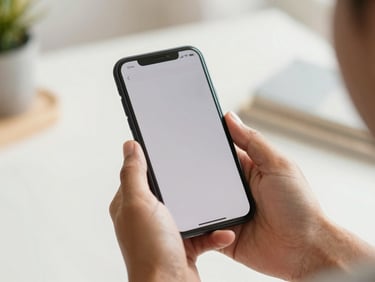 Close-up of hands holding a smartphone showing a digital form, warm natural daylight, soft depth of field.