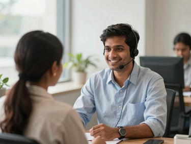 A friendly Indian customer service representative assisting a client, in a modern office background, warm natural daylight.