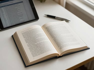 Flat lay of a legal text book open on a clean desk, next to a tablet showing data and a pen, soft natural window light, deep navy and warm gold tones, shallow depth of field, 35mm