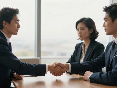 Two professionals shaking hands across a table in a modern meeting room, focused and serious, soft natural window light, deep navy and warm gold tones, shallow depth of field, 35mm
